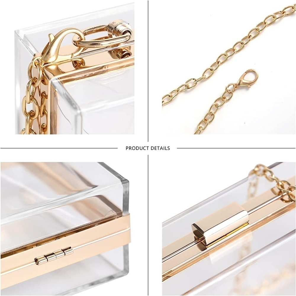 Caleesa Women Clear Acrylic Box Clutch Gold Details Crossbody Purse - Picture 4 of 9